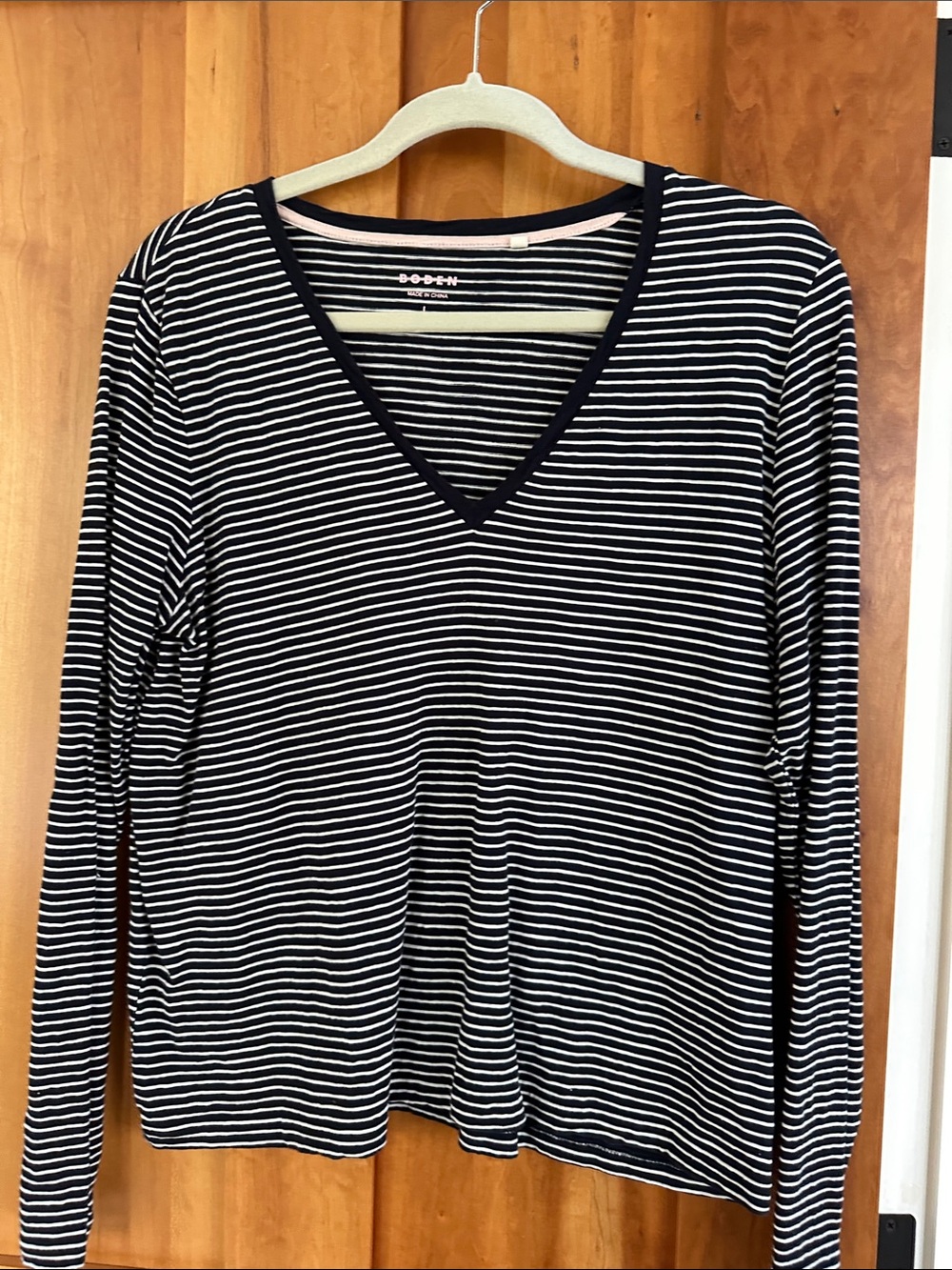 Boden Black and White Striped V-Neck Long Sleeve Top